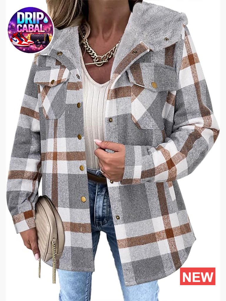 Womens Plaid Shacket Jacket Long Sleeve Fleece Hooded Fall Winter Warm Coat